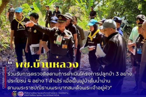 ร่วมรับการตรวจติดตามการดำเนินโครงการปลูกป่า 3 อย่าง ประโยชน์ 4 อย่าง 1 ล้านไร่ เพื่อฟื้นฟูป่าต้นน้ำน่านตามพระราชปณิธานพระบาทสมเด็จพระเจ้าอยู่หัว